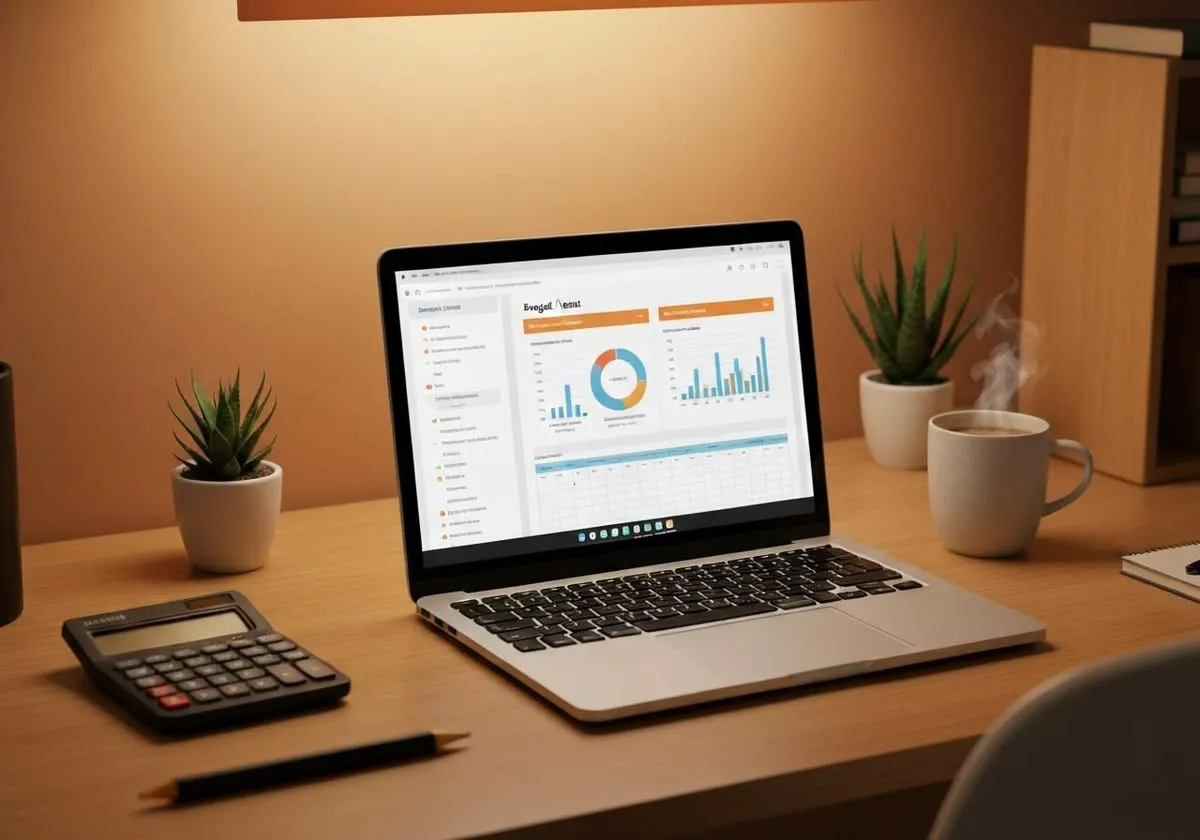 Laptop on a desk displaying a household budgeting dashboard with charts